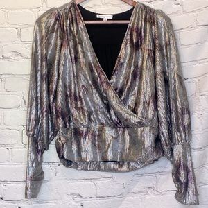Maison D' Amelie Paris Silver Metallic Long Sleeve Blouse Size Small